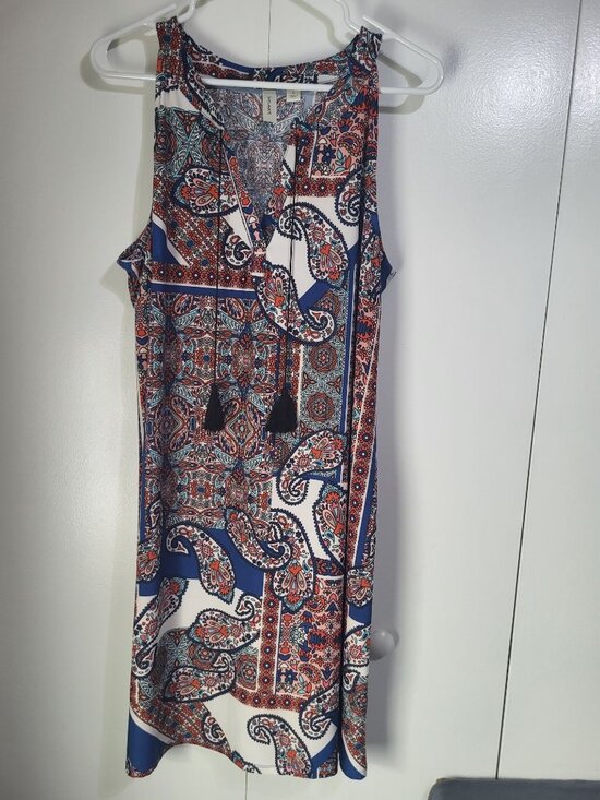 Tacera Dresses & Skirts - Tacera Womens SZ LG Sleeveless Paisley Print Tank Dress Tassels Boho Resort